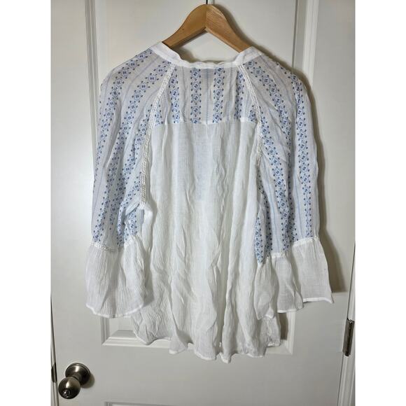 ZAC & RACHEL Blue White Bell Sleeve Boho Hippie Lightweight Semi-Sheer Top SZ 2X - Picture 2 of 10